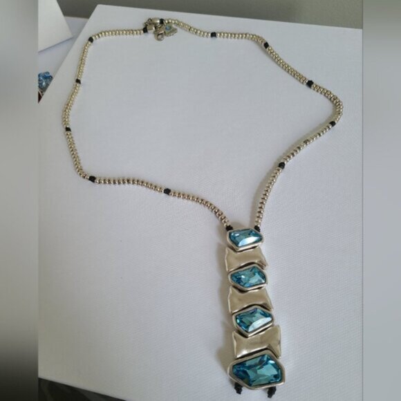 VIDDA Boho Chunky Silver Maximalist Lariat Blue Turquoise Swarovski Necklace - Picture 6 of 15